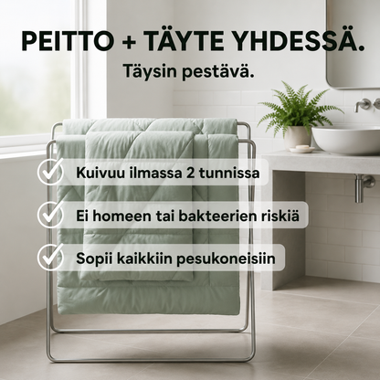 HelppoUni®-peitto – 2-in-1-nopeasti kuivuva peitto, joka poistaa pussilakanan tarpeen.