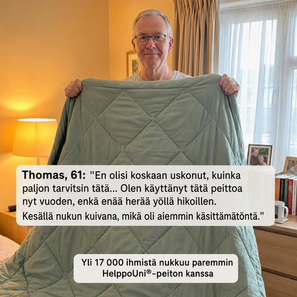 HelppoUni®-peitto – 2-in-1-nopeasti kuivuva peitto, joka poistaa pussilakanan tarpeen.