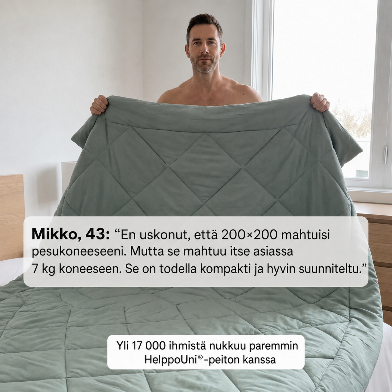 HelppoUni®-peitto – 2-in-1-nopeasti kuivuva peitto, joka poistaa pussilakanan tarpeen.