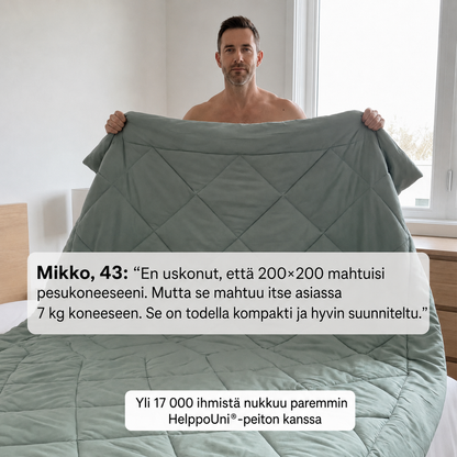 HelppoUni®-peitto – 2-in-1-nopeasti kuivuva peitto, joka poistaa pussilakanan tarpeen.